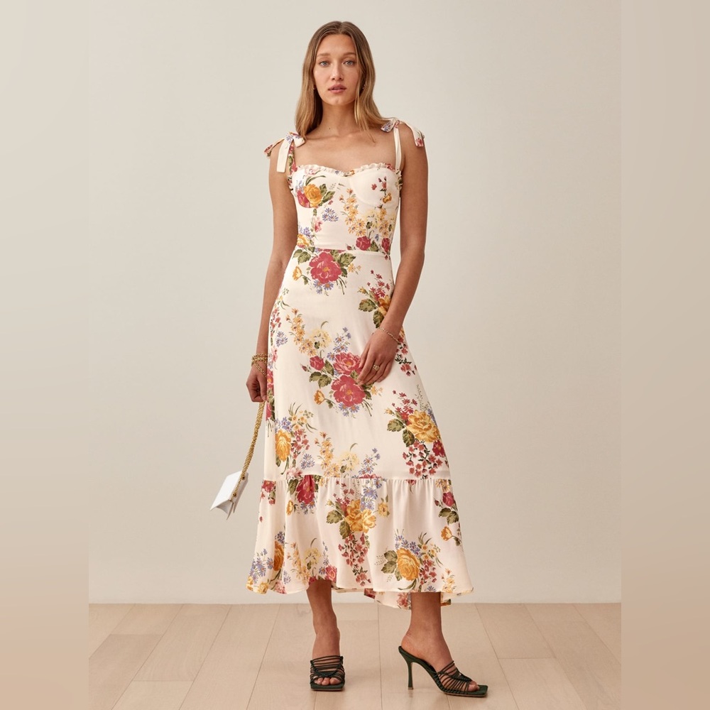 Reformation Cream Floral Tie-Shoulder Maxi Dress